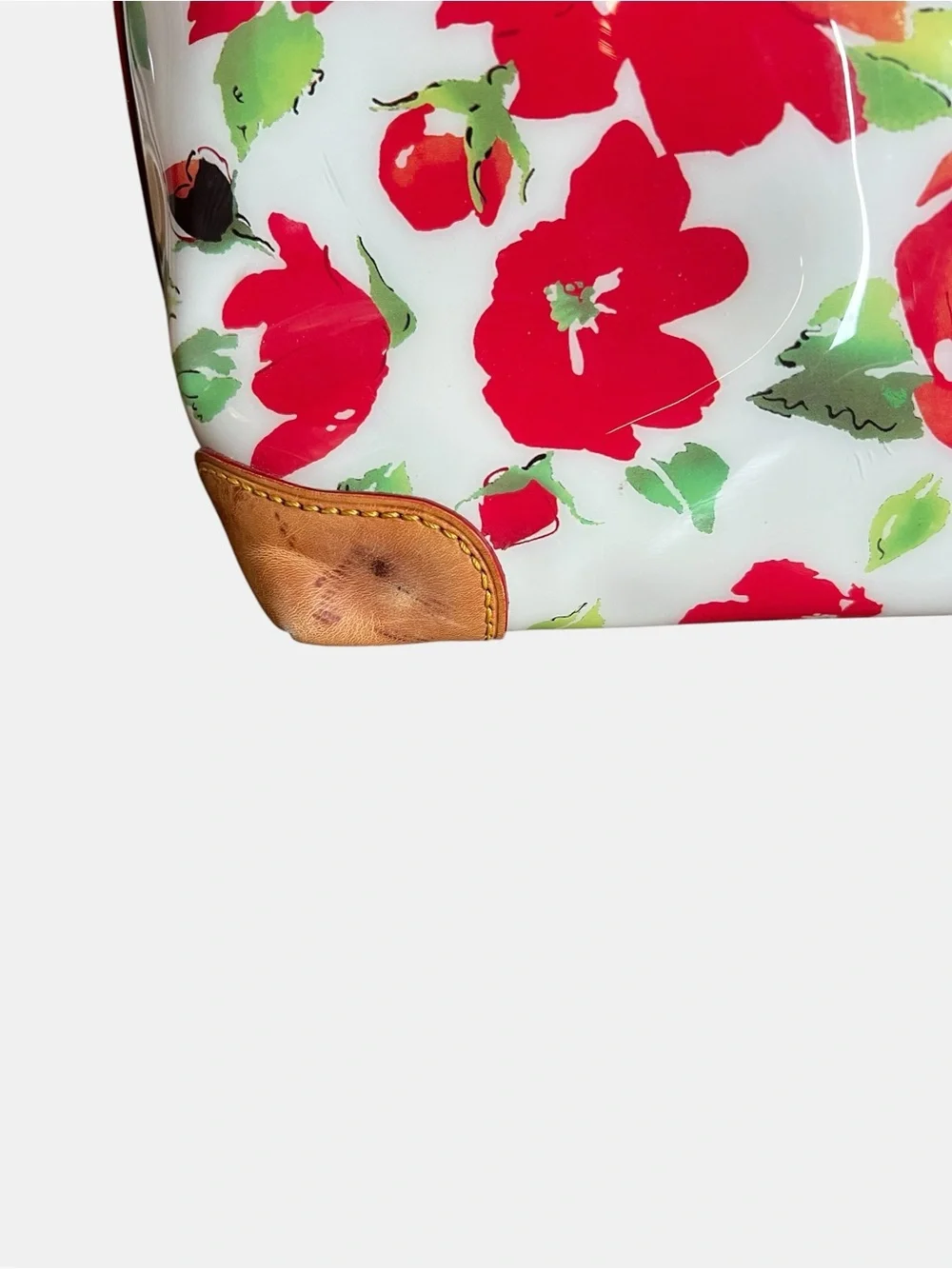 Dooney & Bourke Floral Dome Satchel with Red Floral Print and Tan Leather Trim